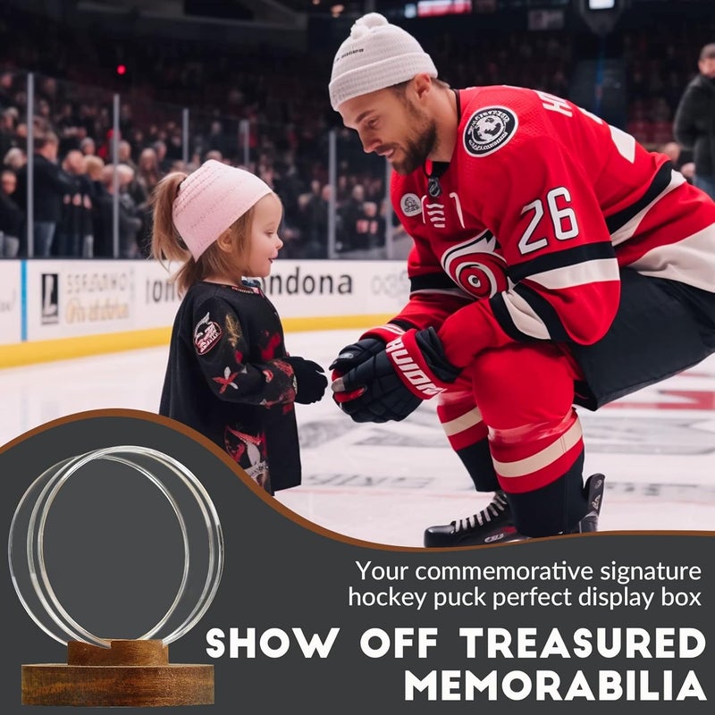 JupDec Hockey Puck Display Case Acrylic Clear Holder with Wood Base, Autograph Souvenir Display Stand, Perfect Showcase for Your Collection, Brown, 2 Pack - Image 4